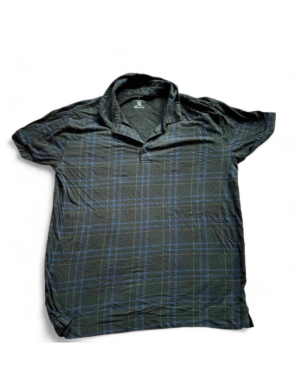 Fabletics Mens Plaid Polo Shirt Dark Charcoal Blue Grid Pattern Size M